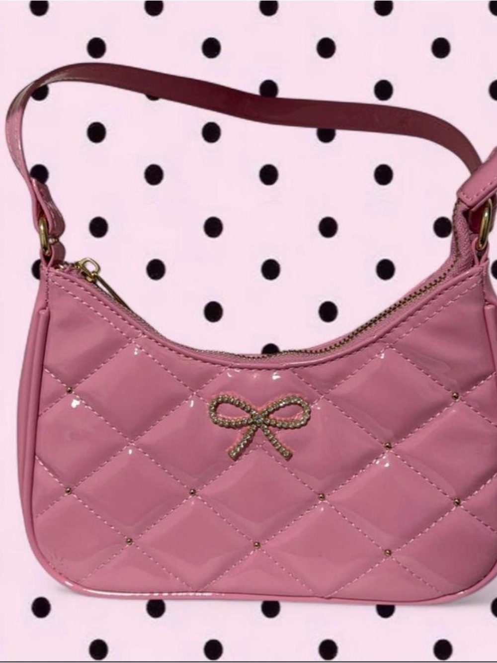 Pink Quilted Patent Shoulder Bag with Bow Accent